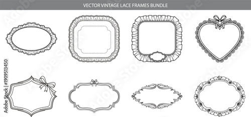 Coquette frames with cloth ruffles set. Whimsical wedding decor lace borders heart, oval, diamond shapes. Hand drawn romantic victorian vector decorative elements 