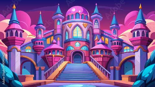 A vibrant cartoon castle with multiple towers and a grand entrance staircase.