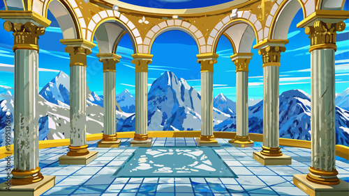 A grand marble hall with arches and columns overlooking a majestic landscape