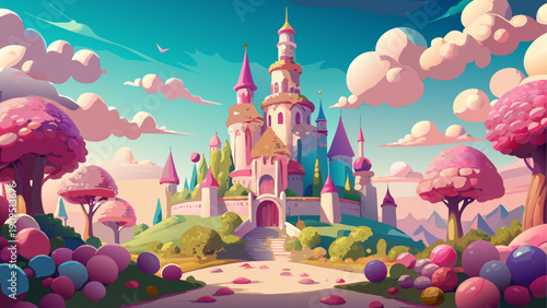 A fantasy castle surrounded by vibrant flora and fluffy clouds in a serene landscape.