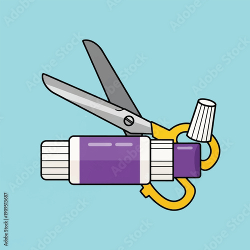 Scissors cutting through lipstick tube.