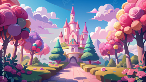 A vibrant cartoon castle surrounded by lush trees and colorful flowers in a fantastical landscape.