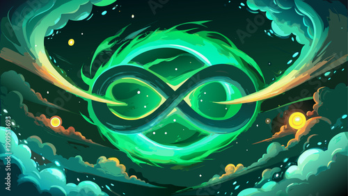 A mesmerizing green infinity symbol surrounded by swirling clouds and golden lights in a mystical atmosphere.