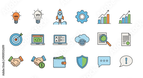 Collection of modern business and technology icons in a grid layout showcasing various elements like innovation, security, and data analysis