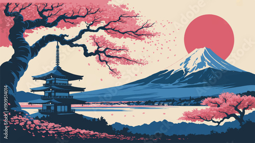 A stylized digital illustration of a Japanese landscape featuring a traditional pagoda and Mount Fuji (2)_traced