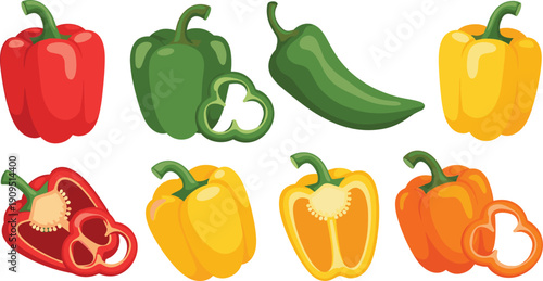 Colorful bell peppers and green chili pepper vector set featuring whole and sliced vegetables for organic food and grocery design