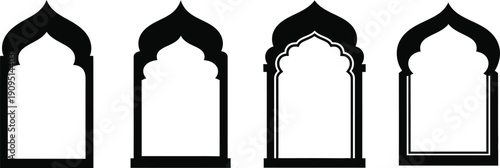 Four arched gothic or islamic style windows or doors silhouette for architecture or design isolated