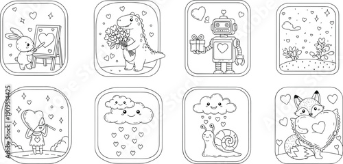 Cute kawaii valentine day line art icons featuring bunny robot fox and dinosaur for children coloring book and greeting cards