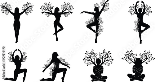 Woman Yoga Silhouette with Tree Branches Vector Illustration Black and White Nature Meditation Pose Collection
