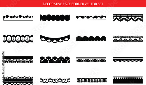 Lace ornament borders vector set. Elegant decorative trims and scalloped edges with floral embroidery and ribbon details for wedding cards, invitations, and vintage textile designs.