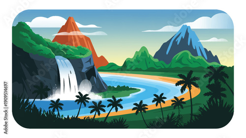 A stylized digital illustration of a tropical paradise landscape with a dramatic waterfall cascading down a rocky cliff face (1)_traced