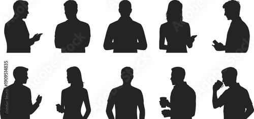 People silhouettes set isolated on white background men and women standing using phone drinking coffee flat vector illustration