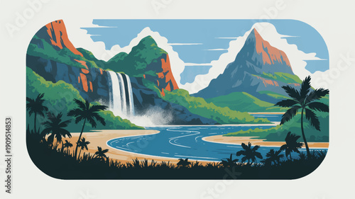 A stylized digital illustration of a tropical paradise landscape with a dramatic waterfall cascading down a rocky cliff face (2)_traced