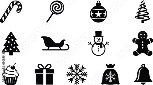 Collection of black Christmas silhouette icons featuring snowman, sleigh, trees, gifts, and ornaments isolated on white background for holiday design.
