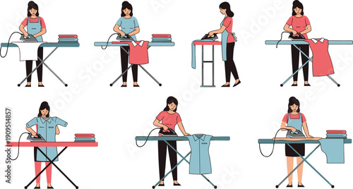 Professional laundry service vector illustration set with woman ironing clothes on board using steam iron and folding laundry