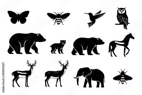 Collection of black silhouette animal icons including a bear deer and owl