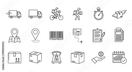 Collection of simple line icons representing logistics and shipping processes, including transportation, packaging, and tracking, viewed from a straightforward perspective.