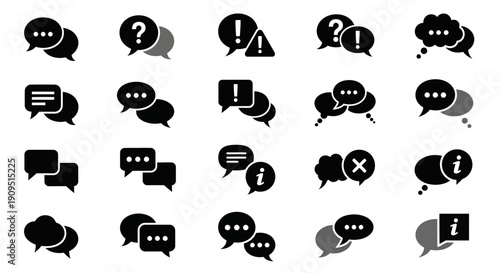Collection of various speech bubbles with different symbols and icons in black and grey