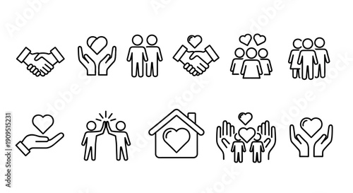 Simple line icons representing various aspects of community and support in a minimalist style