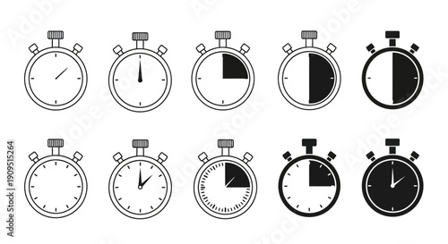 Collection of stopwatches in various states displayed from a straightforward front view