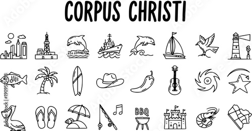Corpus Christi, Texas Travel and Tourism Line Art Icon Set. Coastal City Landmark, Culture, Beach Activities, and Food Outline Glyph Collection.