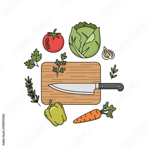 Fresh vegetables and herbs with knife on cutting board