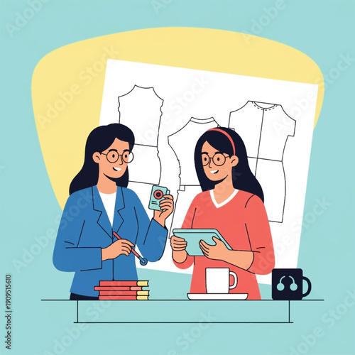 Two women discussing fashion design plans.