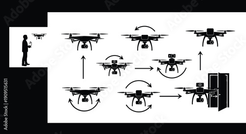 Drone Navigation Delivery Process Vector Illustration UAV Flight Path Autonomous Quadcopter Black and White Technology Diagram
