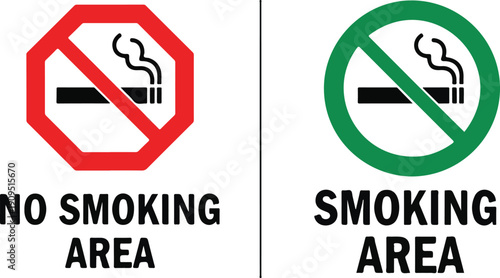 No smoking area and smoking area sign printable, red stop symbol set, ban silhouette icon design template, public safety warning, prohibition graphics, and vector illustration for signag