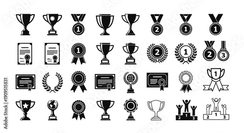 Collection of black and white award icons including trophies, medals, and certificates displayed on a plain background