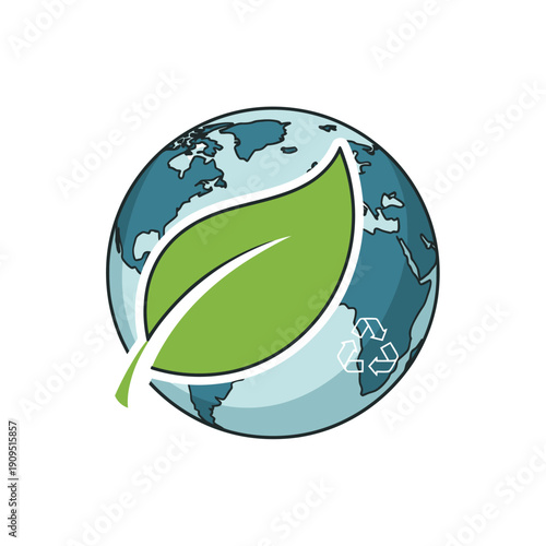 Green leaf and recycling symbol on Earth globe