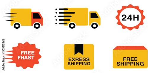 Free shipping and fast van delivery icon set with truck symbol, express delivery label, 24h service badge, and speed motion elements.