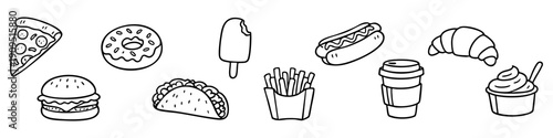 Doodle fast food and snack icons set featuring pizza, burger, donut, taco, coffee, and more in a hand-drawn line art style on a white background.