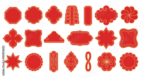 Collection of red decorative elements and ornaments on a uniform background viewed from directly above