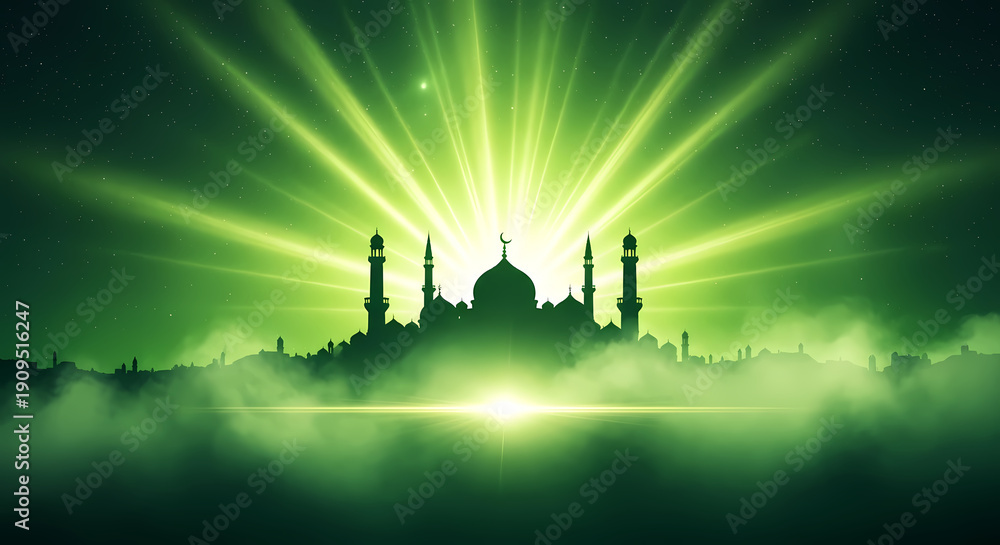 Fototapeta premium Ramadan Mosque Silhouette with Radiant Green Light