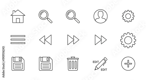 Set of simple line icons representing various functions and tools for user interface design and editing purposes