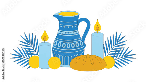 A stylized illustration of a blue ceramic pitcher with decorative patterns and ridges, featuring a handle and a yellow liquid inside (2)_traced