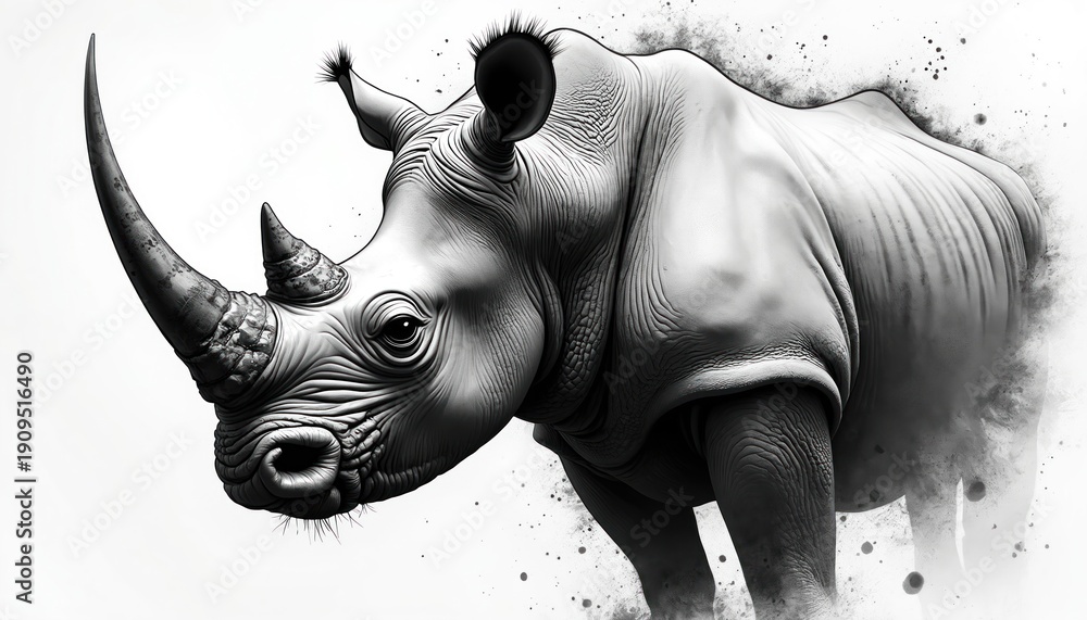 Obraz premium Powerful rhino close up portrait. Thick skinned wild mammal with large horn stands strong on white background. Creature embodies resilience and survival in nature.