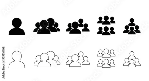 A collection of black and white silhouettes depicting individuals and groups in various configurations, presented in a grid layout.