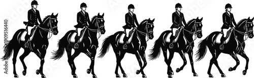 Equestrian Rider on Horse Silhouette Set Vector Illustration Dressage Sport Black and White Collection Design