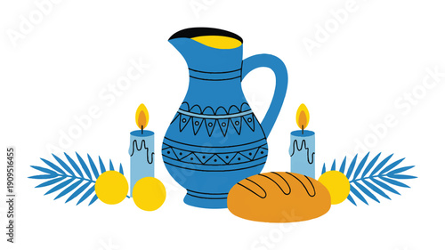 A stylized illustration of a blue ceramic pitcher with decorative patterns and ridges, featuring a handle and a yellow liquid inside (4)_traced