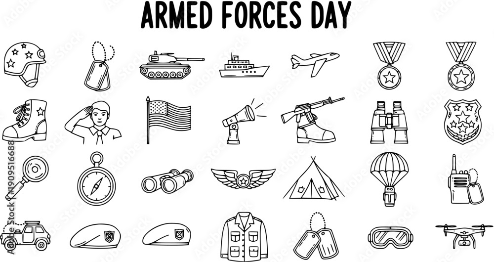 Fototapeta premium Armed Forces Day Line Art Icons: Military Symbols for Patriotism and Veterans - Black and White