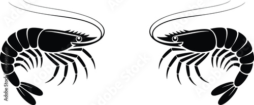 Black shrimp silhouette vector illustration, mirrored seafood design, marine crustacean clipart, isolated on white background, minimal flat graphic style for commercial use