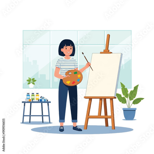 Woman holding paintbrush and palette standing.