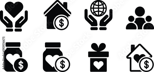 Charity and donation icon set, black silhouette philanthropy symbols with heart home money globe and gift, nonprofit fundraising vector illustration isolated
