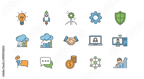 Collection of modern business icons representing innovation, growth, and security in a grid layout from a straightforward viewpoint