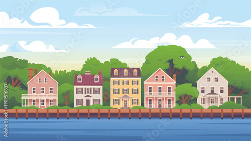 A stylized illustration of a waterfront colonial-style neighborhood with five historic buildings in a row (1)_traced