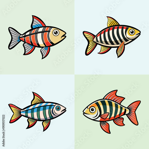 Zebra Danio Fish Set Flat Design Vector Illustration