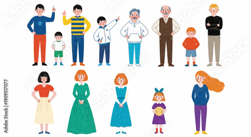 Diverse group of people of different ages and occupations standing together in a flat illustration style