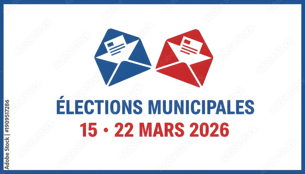 Naklejka premium Municipal elections 2026 with two envelopes blue and red mail icon concept of voting by mail dates 15 22 mars